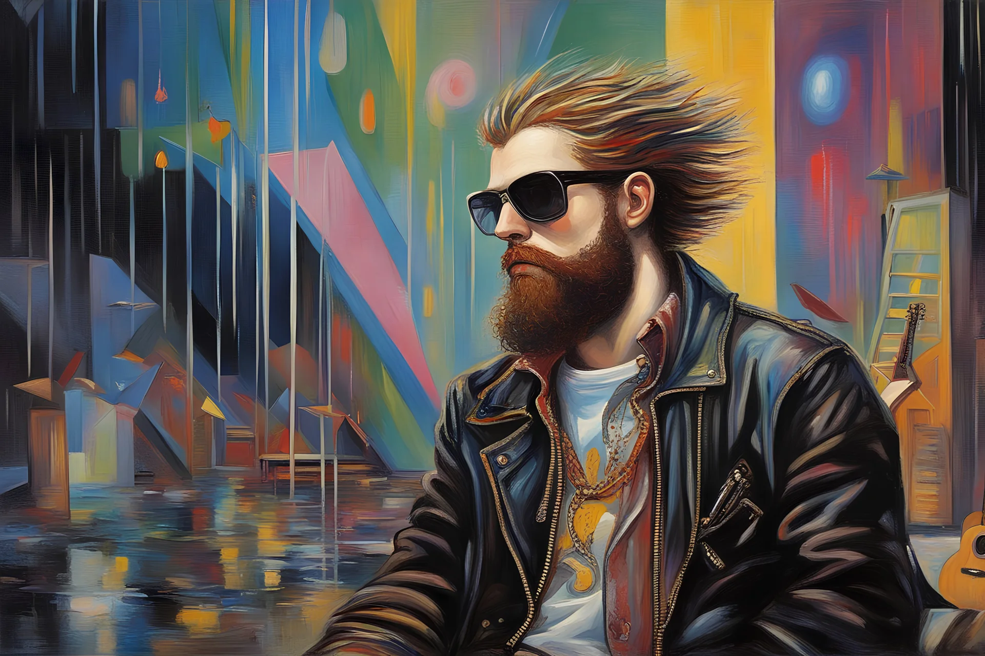 Joseph Stella oil painting a dreaming young beard colored punk guy looks guitars in the pop '80s Mall lights during rainy day oil painting