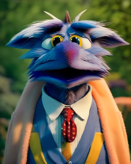 Realistic image, hybrid character, Sesame Street muppet, head, man, body, ,arms, hands, Shirt and tie, Wes Anderson style, concept art, smooth, unreal engine 5, god lights, ray tracing, RTX, lumen lighting, ultra detail, volumetric lighting, 3d, finely drawn, high definition, 4k.