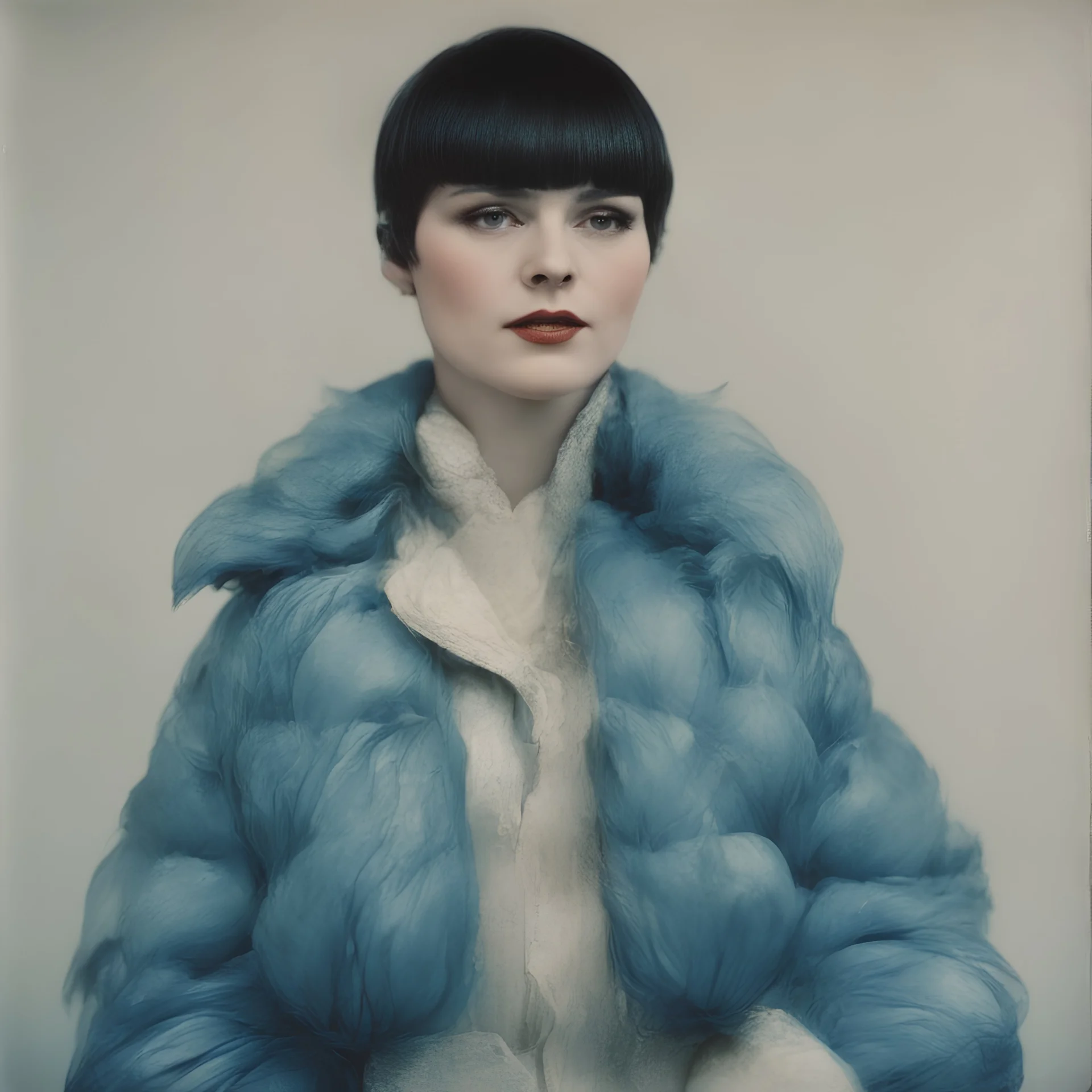 Actress Louise Brooks, blue, autochrome, plastic puffy jacket