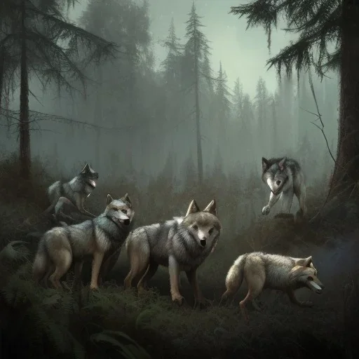 franz frazetta style, wolf pack in the forest clearing, night