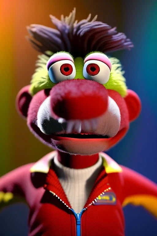 Waist up muppet Portrait, Nicolas maduro us muppet doll, tracksuit red blue and yellow, mustache, photo studio, red background, unreal engine 5, concept art, art station, ray tracing, lumen lighting, ultra detail, volumetric lighting, 3d.