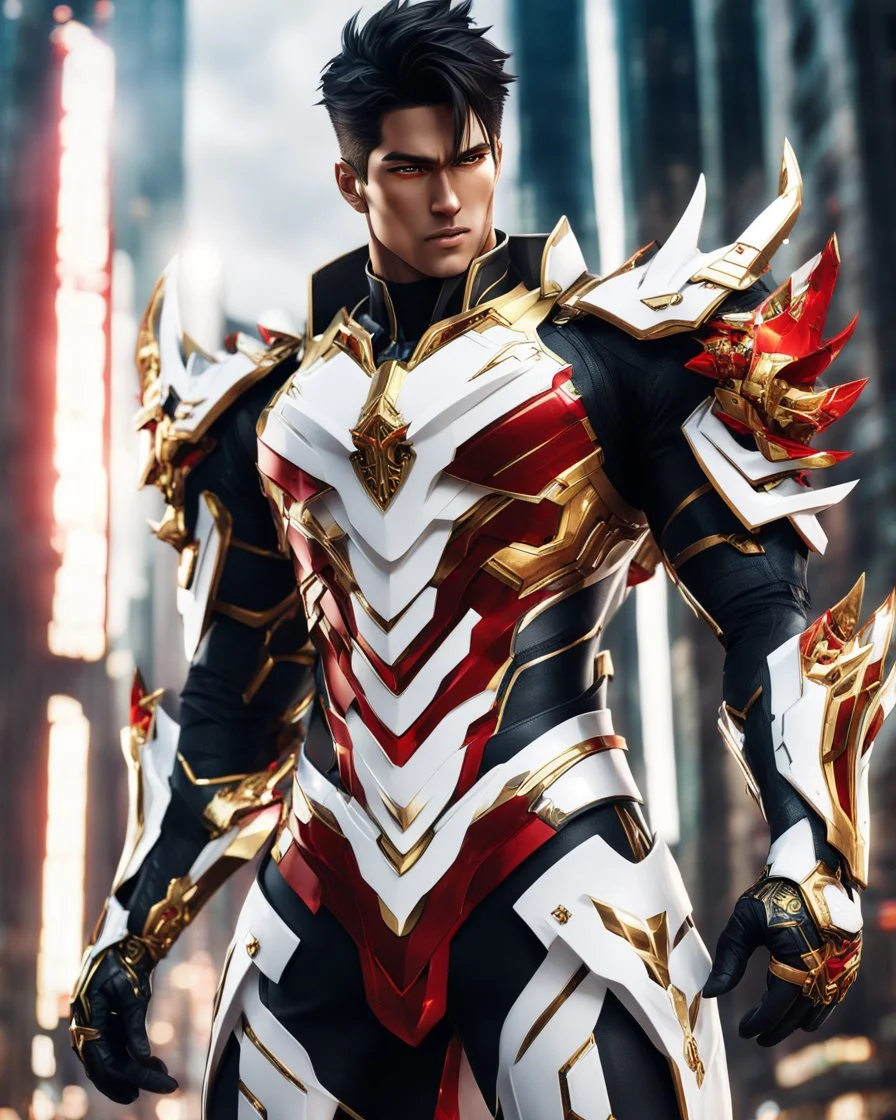 Stunning hyper-realistic anime illustration Powerful male protagonist dressed in striking white, red, black and gold outfit. Intricate armor with obsidian patterns with gold details emits fascinating energy. Muscular, toned physique accentuated with sleek lines and details. Futuristic cityscape background that contrasts beautifully with her bold outfit. Masterful combination of sci-fi anime aesthetics and 3D rendering