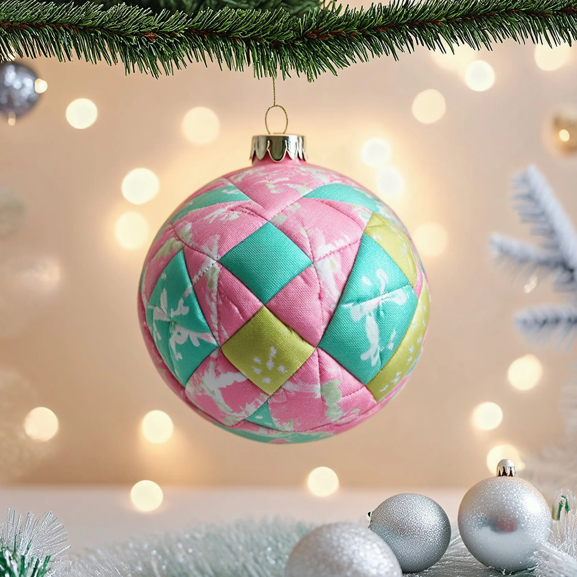 boule de Noël en tissu matelassé ,pastel, autochrome