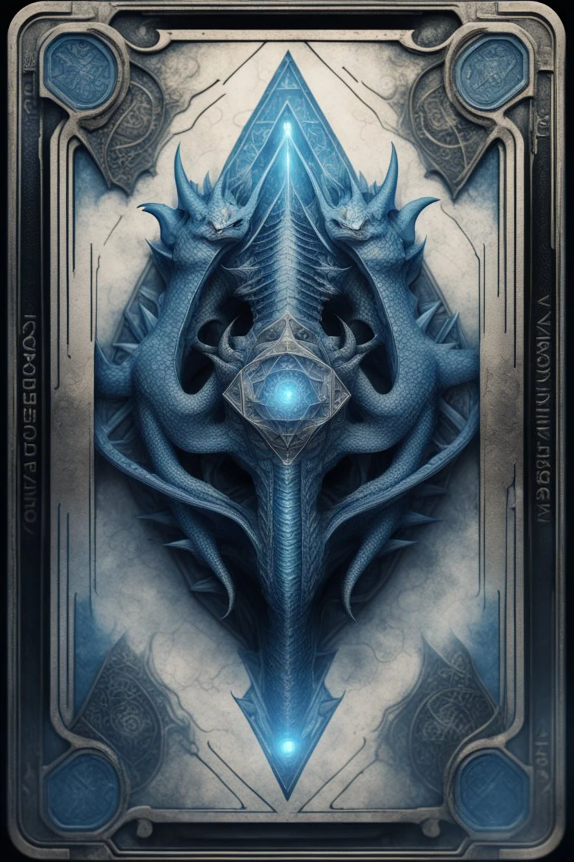 sacred geometry framed playing card, blue ice dragon fire boss card in the style of Giger and fallout 4 ,,bokeh like f/0.8, tilt-shift lens 8k, high detail, smooth render, down-light, unreal engine