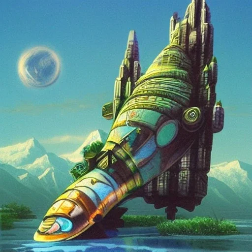 A fish-shaped spaceship with a crystal castle in the background by Chris foss