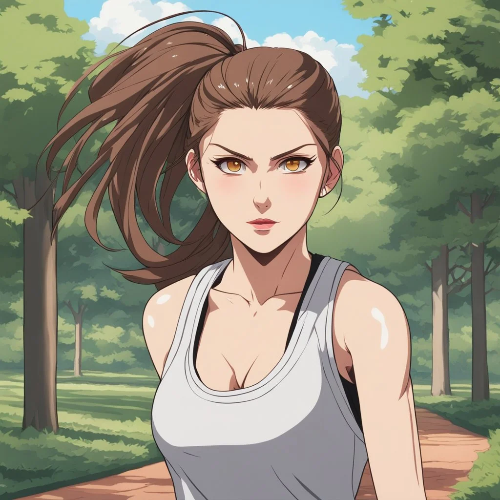 An Arrogant-Looking Young Woman With Pale Skin, Red Eyes, And Long Brown Hair Pulled Up In A Single, Straight Ponytail. Jogging in the park. Anime Style, High Definition, Greg Rutkowski, 8k Resolution, Intricate Details