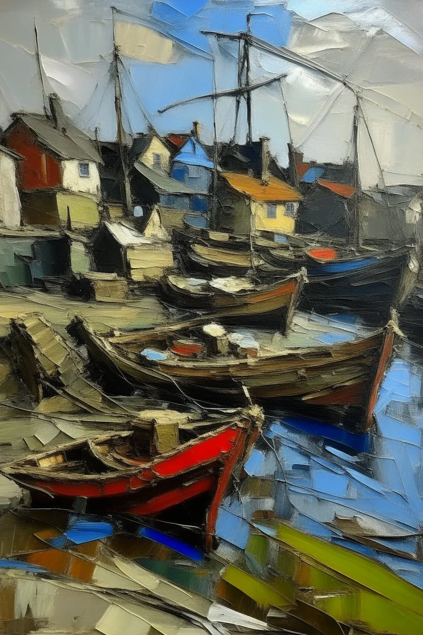 English fishing port in the style of frank Auerbach
