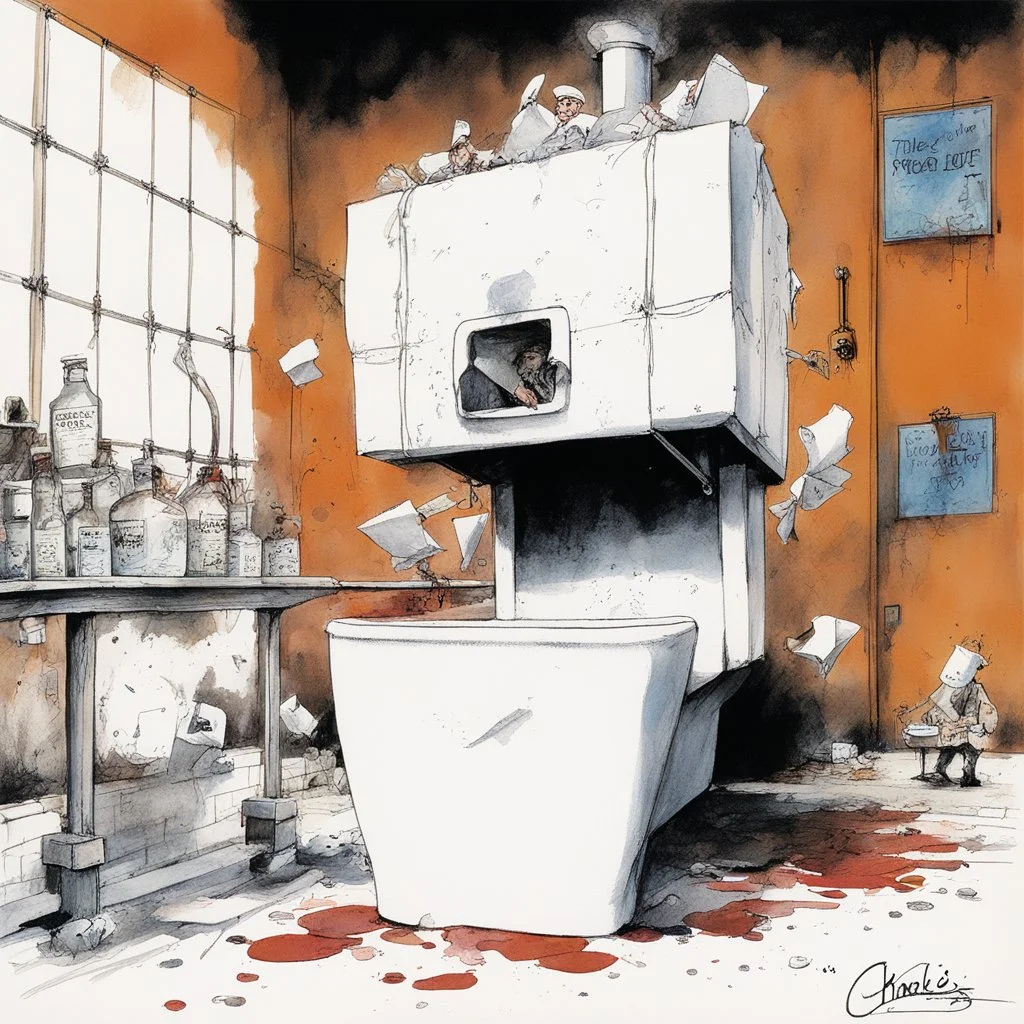 [art by Ralph Steadman] the longest toilet paper in the world, in Charlie's chocolate factory