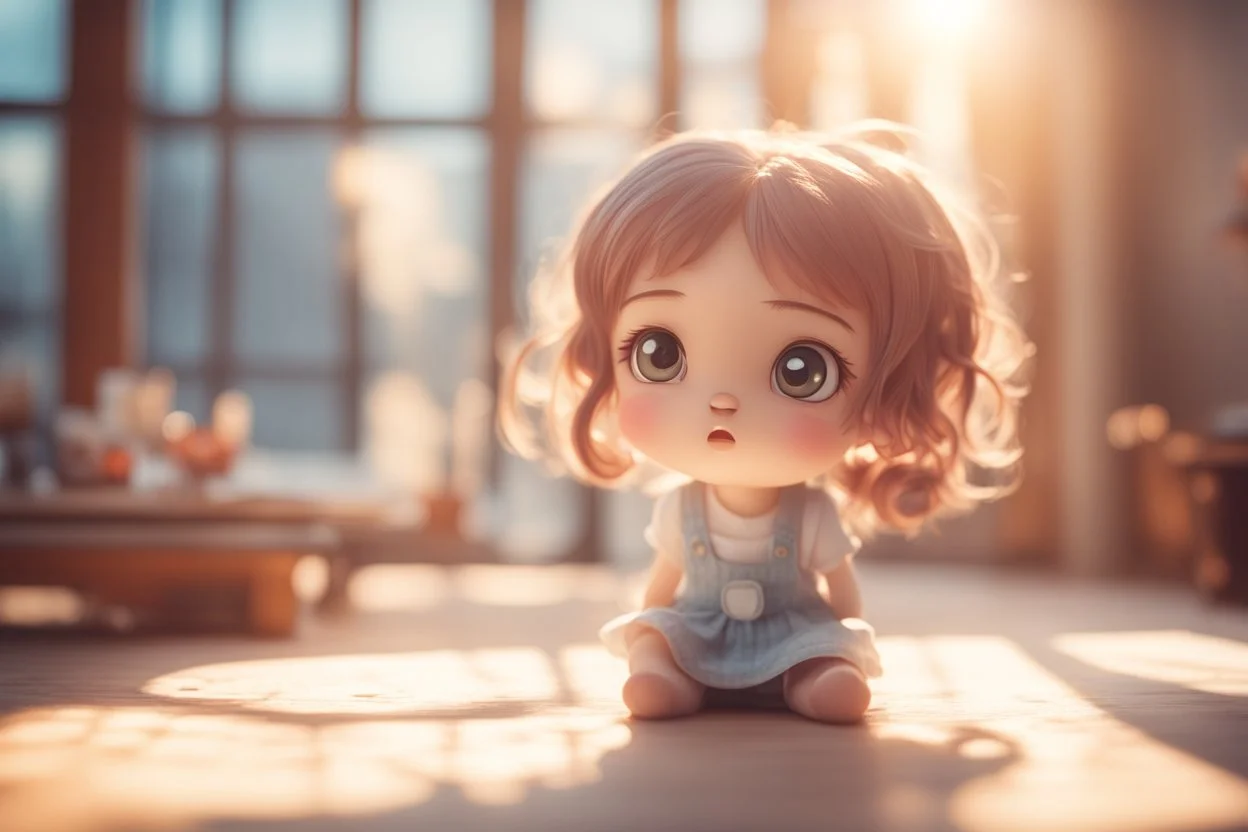 cute chibi girl on a room scale, looking at it with a terrified expression, in sunshine, ethereal, cinematic postprocessing, dof, bokeh