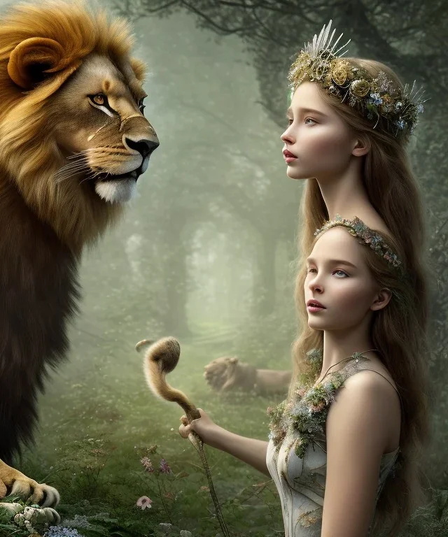 Young beautiful girl wearing floral crown next to a stunning lion on nature forest path, Chronicles of Narnia, 8k resolution, high-quality, fine-detail, iridescent, intricate, digital art, detailed matte, volumetric lighting, beautiful, illustration, 3D octane render, brian froud, howard lyon, selina french, anna dittmann, annie stokes, lisa parker, greg rutowski,