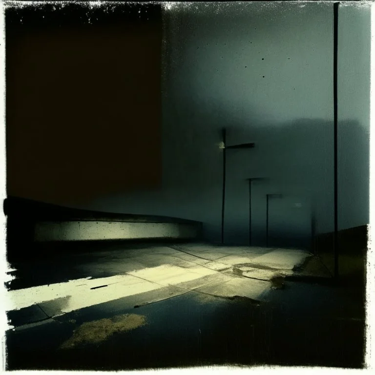 Minimal abstract oil painting of a desolate 1960s carpark. Illuminated by spotlights. On the floor are concrete fragments and road markings . In the dark mysterious style of Justin Mortimer and Francis Bacon.