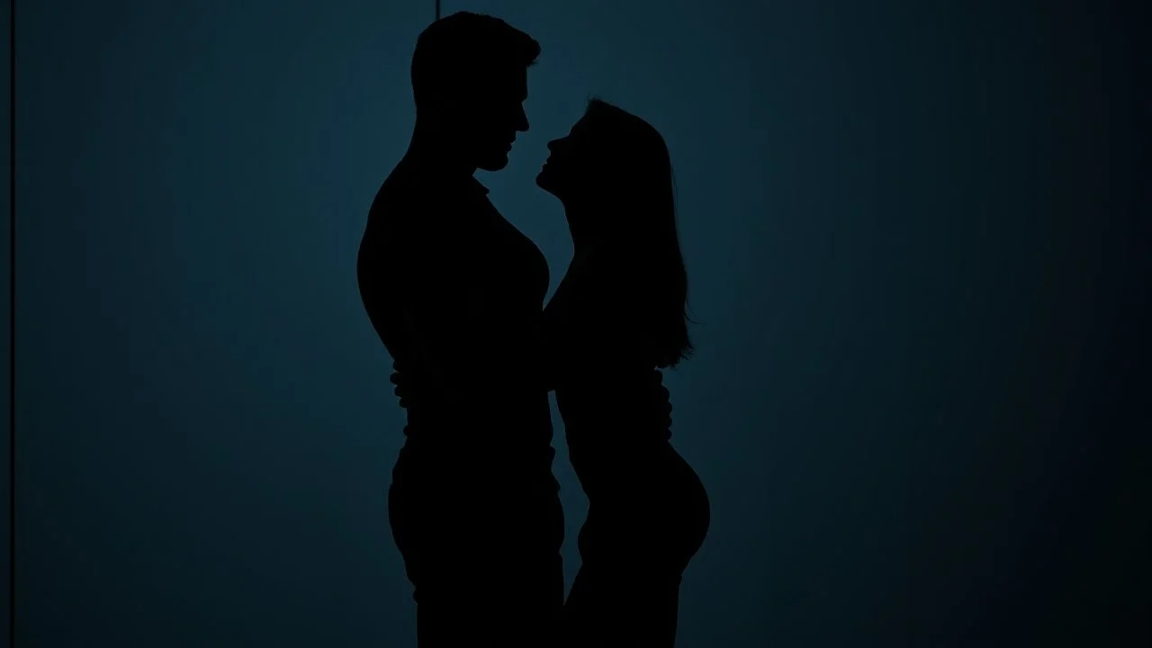 one athletic man silhouette standing very close to one woman silhouette against a modern wall. He leans toward her confidently, one arm resting against the wall beside her. Woman looks up at him, her face mostly hidden. romantic tension,. His face is partly in shadow,, fit build, black fitted shirt. Dark indistinct background, black, charcoal, and deep tones, cinematic