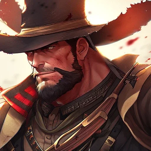 Clear focus, High resolution, max detail, Portrait, bearded, Gunslinger, Cowboy, cowboy hat, serious face, Blood Splatter