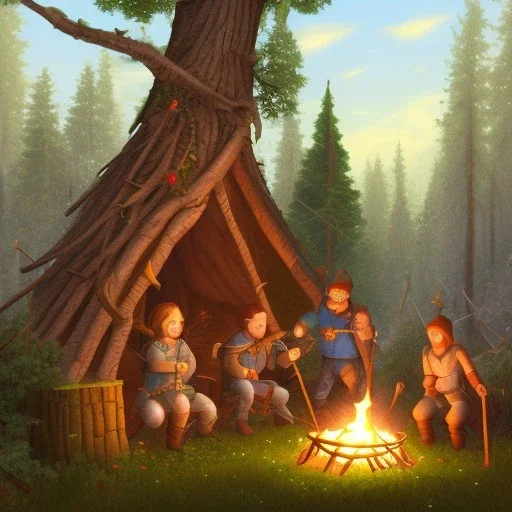 a group of people working on a base in the forest by a campfire in the medieval times, all in pixel art cartoony stile