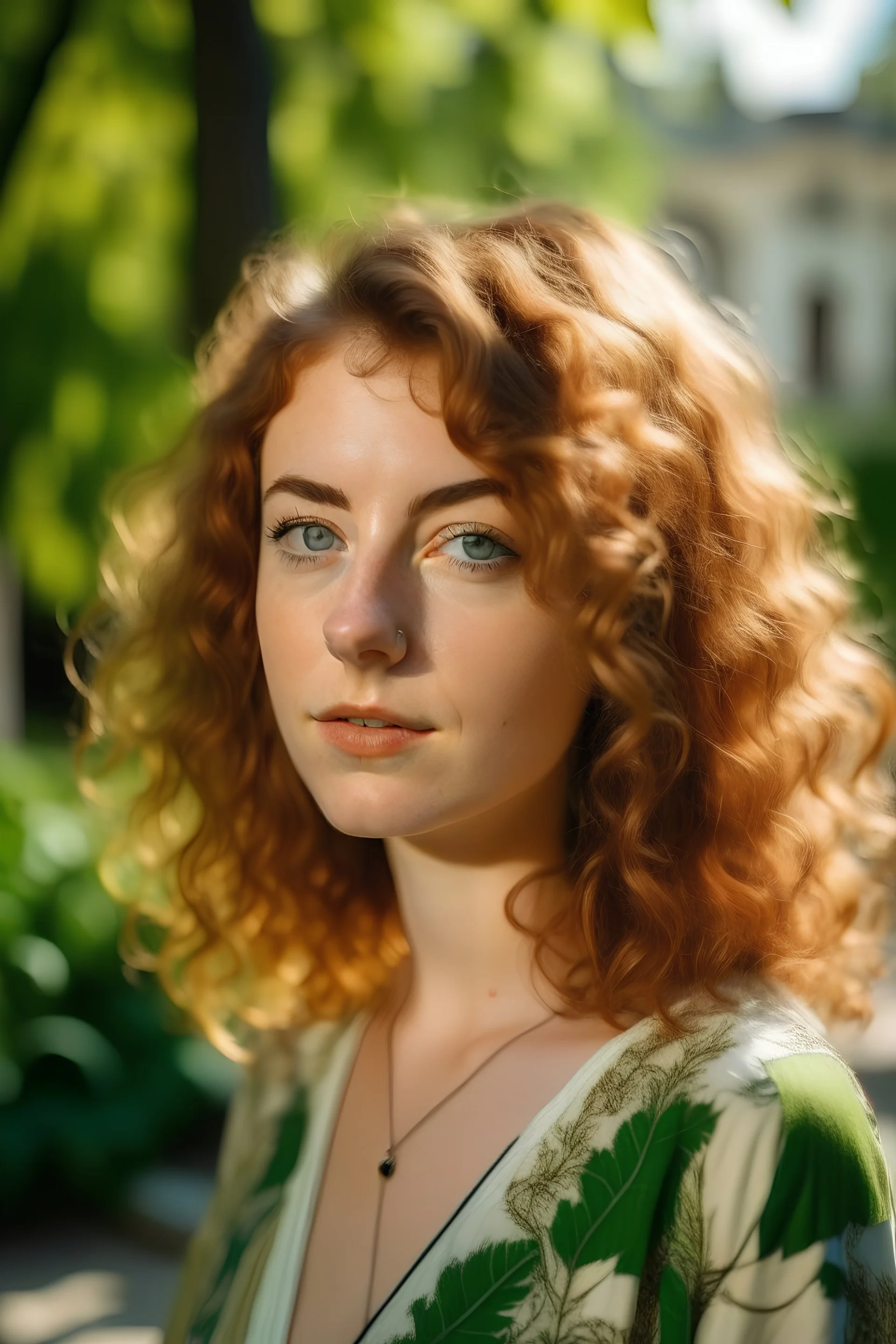 Mujer de 25 años, con pelo enrulado y colorada, de ojos verdes, con fondo de cataratas, dia soleado, vestido, ambiente arboleado