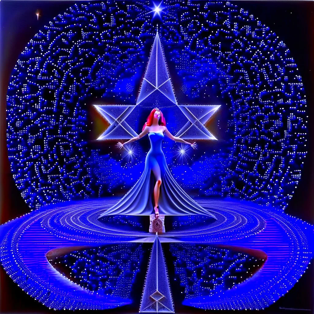 A surreal cosmic scene featuring an elegant woman in a flowing lavender and blue gown standing at the center of a massive five-pointed star-shaped platform floating in deep space. The star is constructed from intricate architectural elements - miniature buildings, geometric cubes, and stone blocks arranged in a mosaic pattern. Golden luminous trails and swirling energy ribbons spiral around the star's points. The background features a breathtaking nebula with purple, pink, and blue cosmic clouds