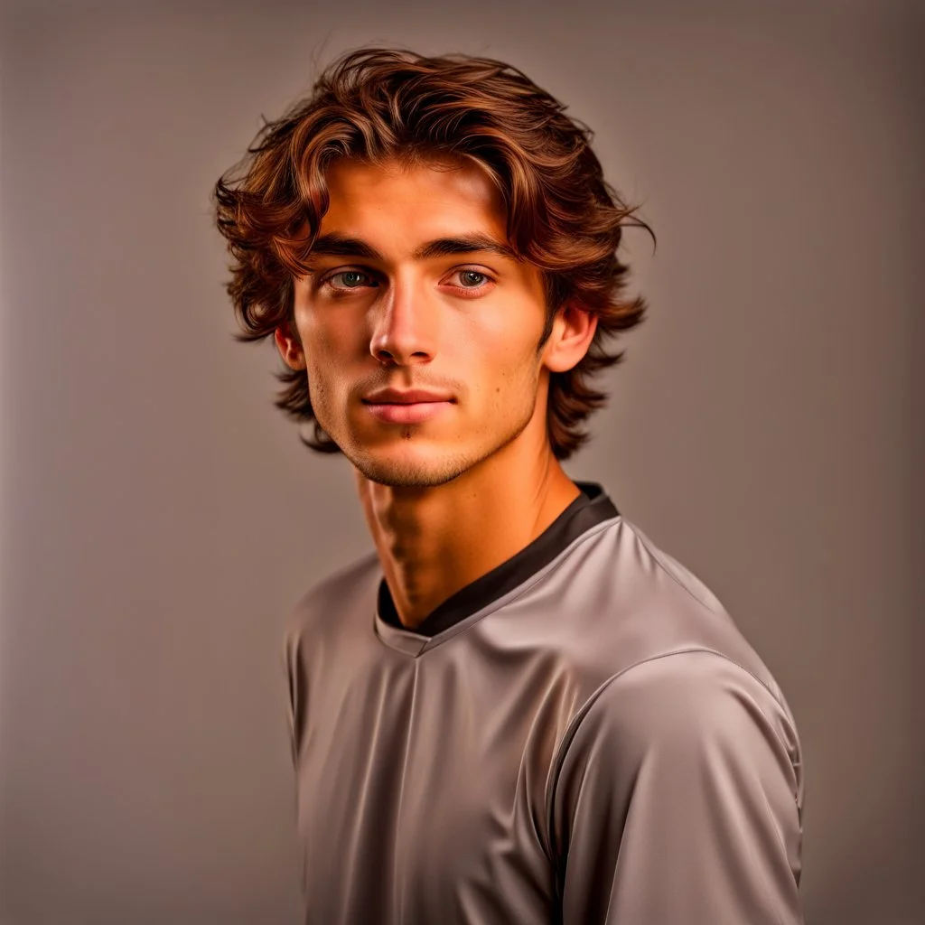 85mm DSLR color photography of a very detailed headshot fitting all of head and hair in frame. 18-year-old italian soccer player, with brown hair color and no facial hair and has very short hair and with a small smile, grey background make him look more rough