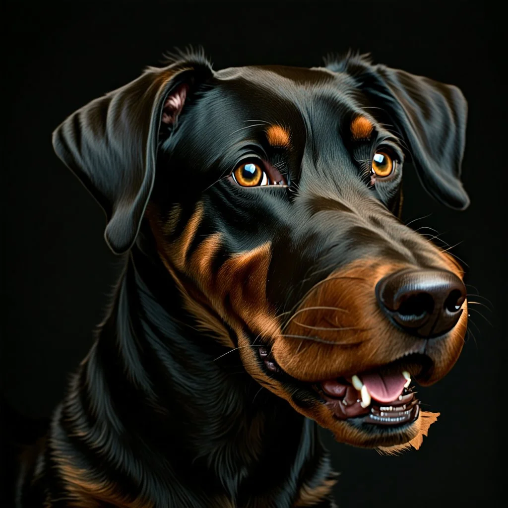 illustration of a black terrier on black background, yellow eyes
