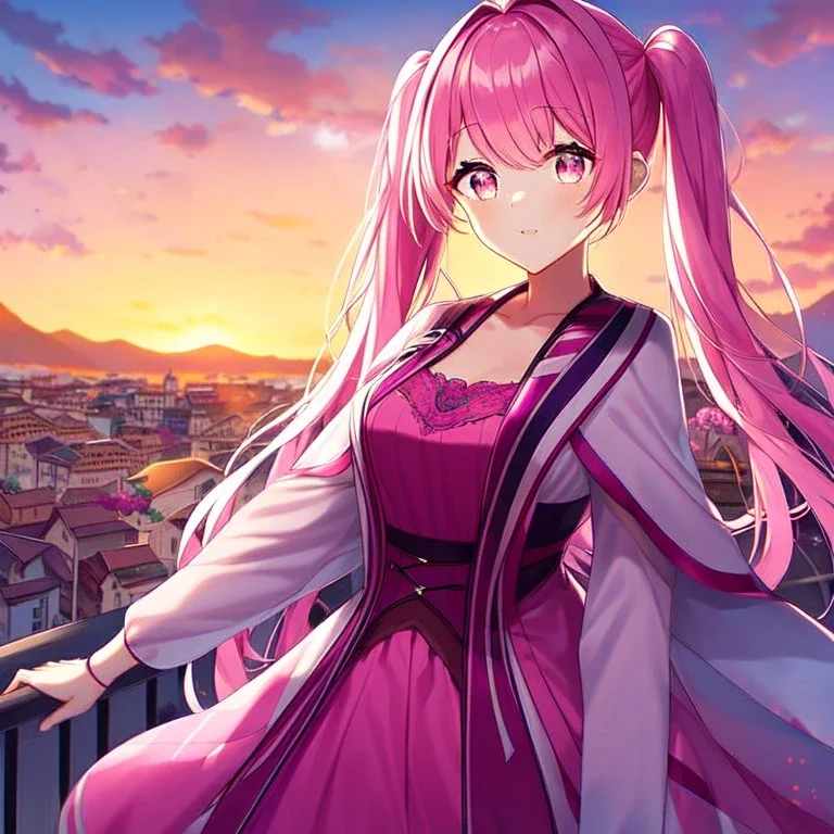 girl, masterpiece, best quality, cinematic lighting, detailed outfit, perfect eyes, long hair, pink hair, twin tail, pink eyes, vibrant colors, pink outfit, landscape, sunset, pink sky, town,