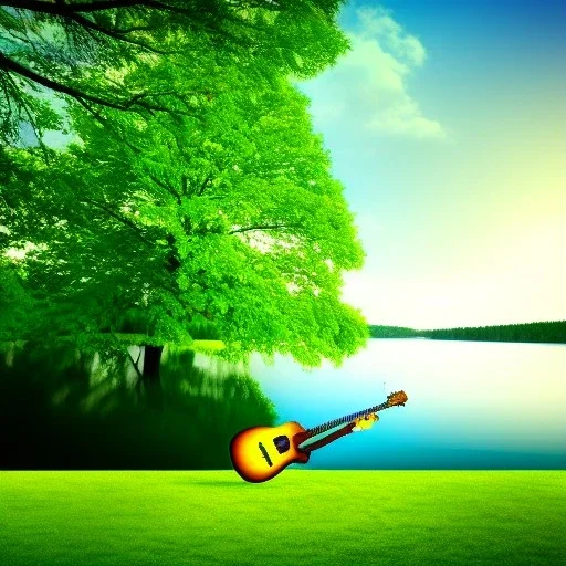 a beautiful green Tree with guitar leafs, in front of a lake, photorealistic