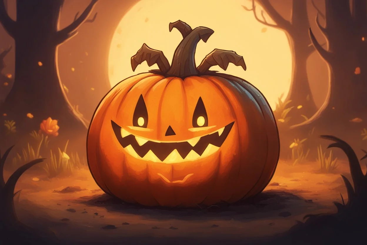 круглая тыква с прорезанной ухмылкой и горящим изнутри оранжевым светом. Маленькое существо в заляпанном землей фартуке, в стиле Stardew Valley