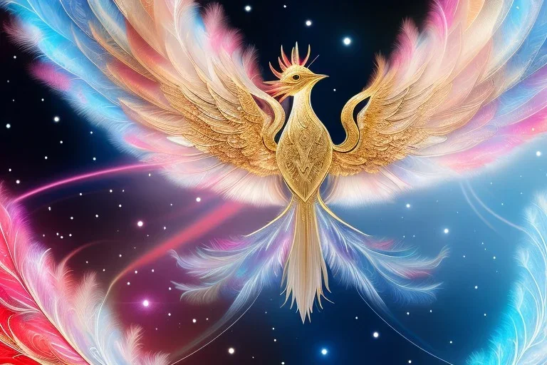 a detailed illustration of a phoenix with shiny red wings and long glowing sparkly body, luminescent body, glinting spread wings, realistic, soft and smooth glowing wings, soft feathers, macro lens, sharp focus, meticulously detailed, soft studio lighting, smooth blurred gradient background, 64k