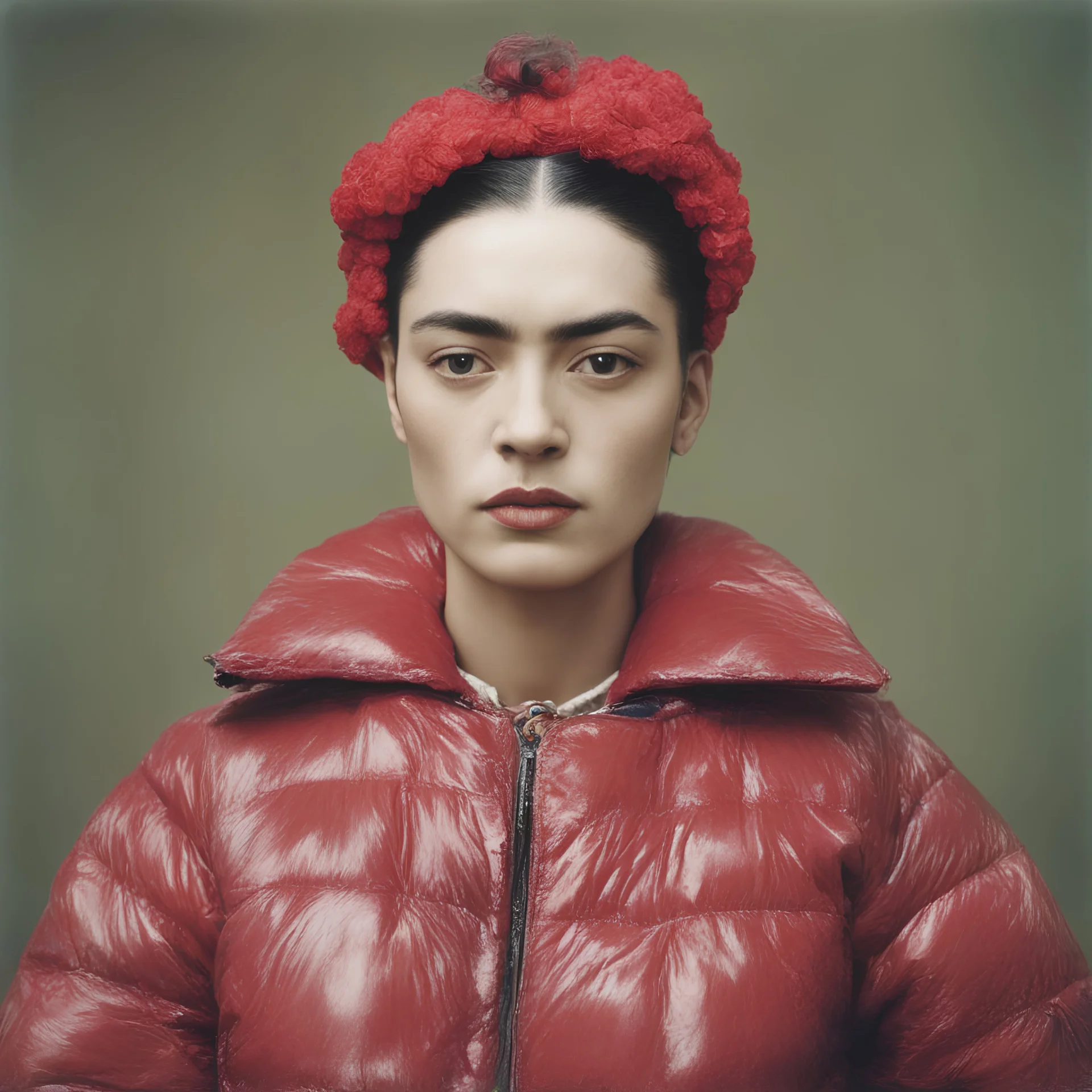 Frida khalo , red, autochrome, plastic puffy jacket