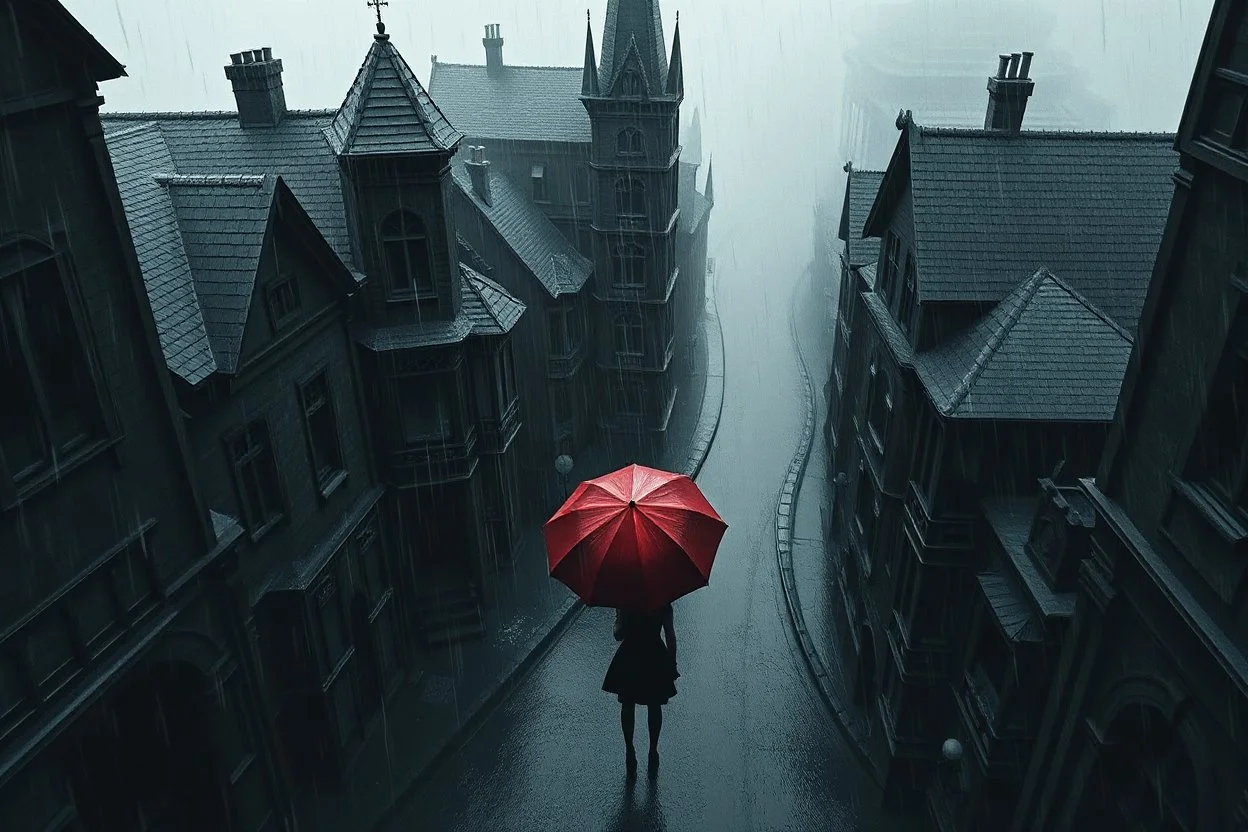 top-down view of a grayscale wet city street with old tall haunted houses, rain, little dark human siluette with red umbrella, surreal style, dark mood