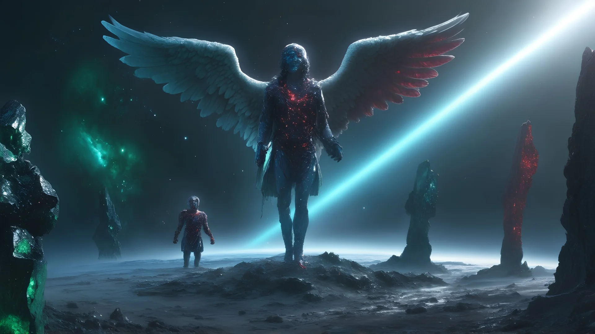 hyper realistic, meteorite impact that brought tiberium crystals near the forest and monoliths on the right side in green and red colours on the right side from under ground they come to the surface and blue on the left side which is getting bigger and getting closer to the angel. And in the middle stands a beautiful angel from another universe and behind him a galaxy in different colors of space on which you can see a spaceship,