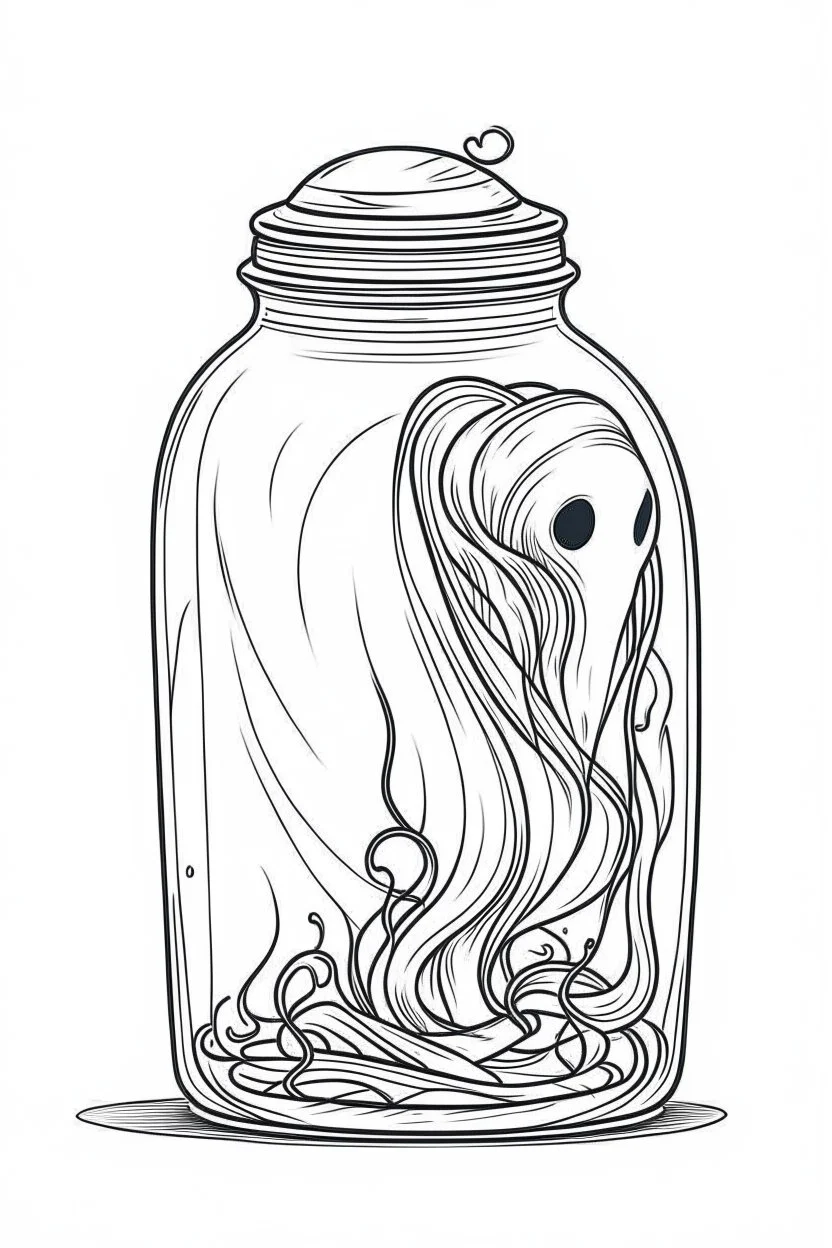 ghost stuck in the jar idea, line art, background, vector, svg, black outline on white background, leave plenty of white space beetween lines for coloring, tattoo style, tattoo idea,full body, minimalist