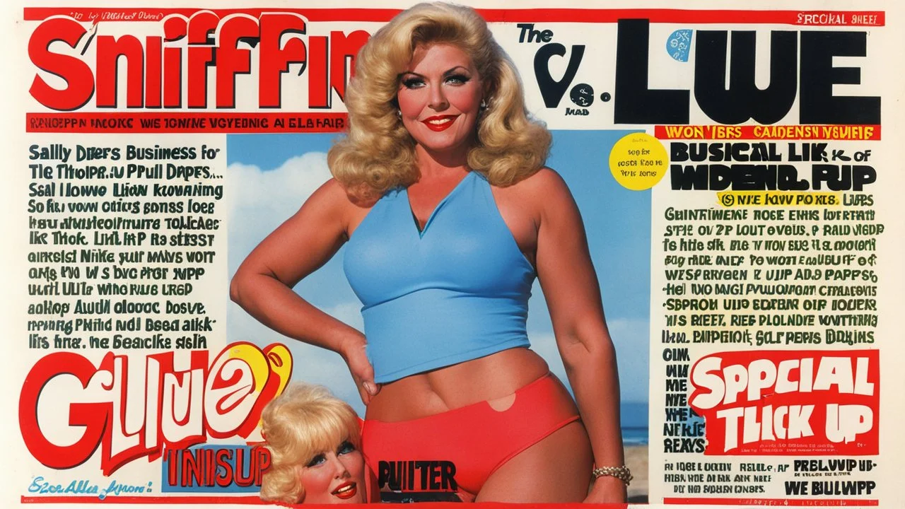 SNIFFIN’ GLUE magazine high res photo cover by Russ Meyer: special issue #42 on the business of adult pull-up thick diapers, seen from bellow, guest star: blonde Sally knows that there were incontinent women like herself with large busts out on the beach and she is missing adult ultra thick pull-up diapers with the matching bras. Her concept is to pair diaper designs with bra designs, specifically themed for surfing.