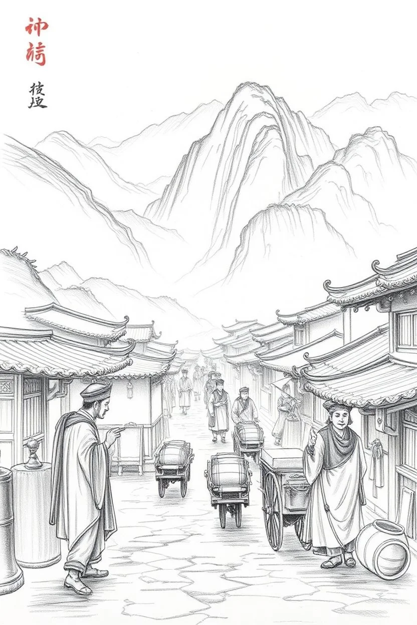 trading caravan Hexi Corridor silk road in ancient times in the style of Zeng Fanzhi pencil sketch