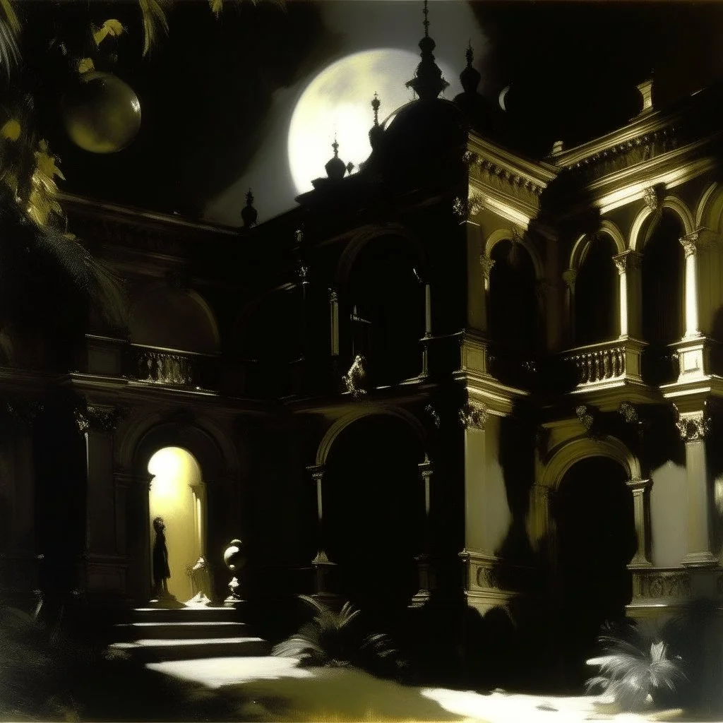 A black dark palace with a moon painted by John Singer Sargent