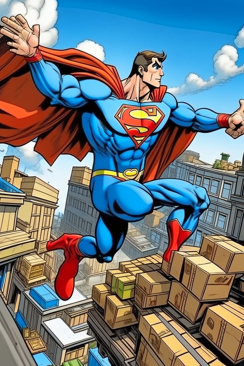 flying superman delivers pallets of goods by comics