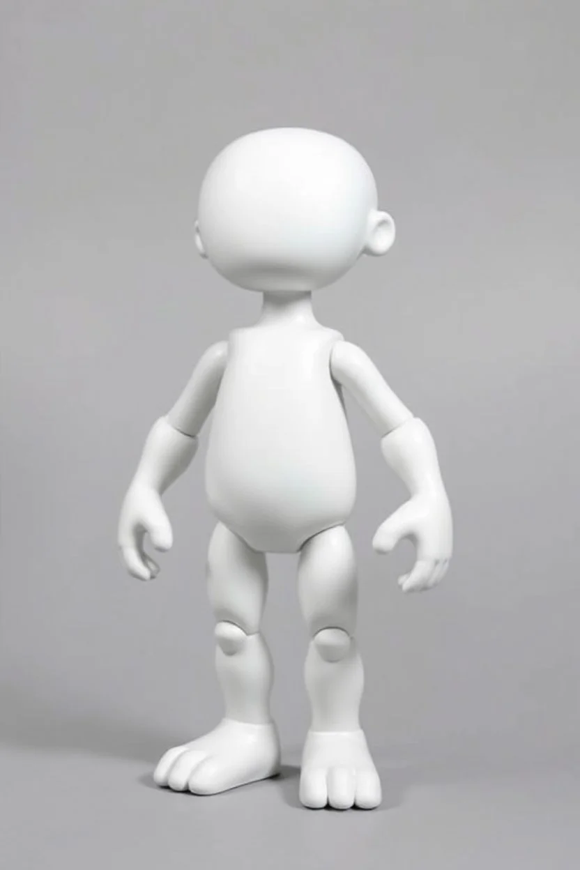 a standing animated figure (no neck, head molded into body, a completely flat face area, stubby legs, bulky arms, no painted details, white in color) vinyl art toy