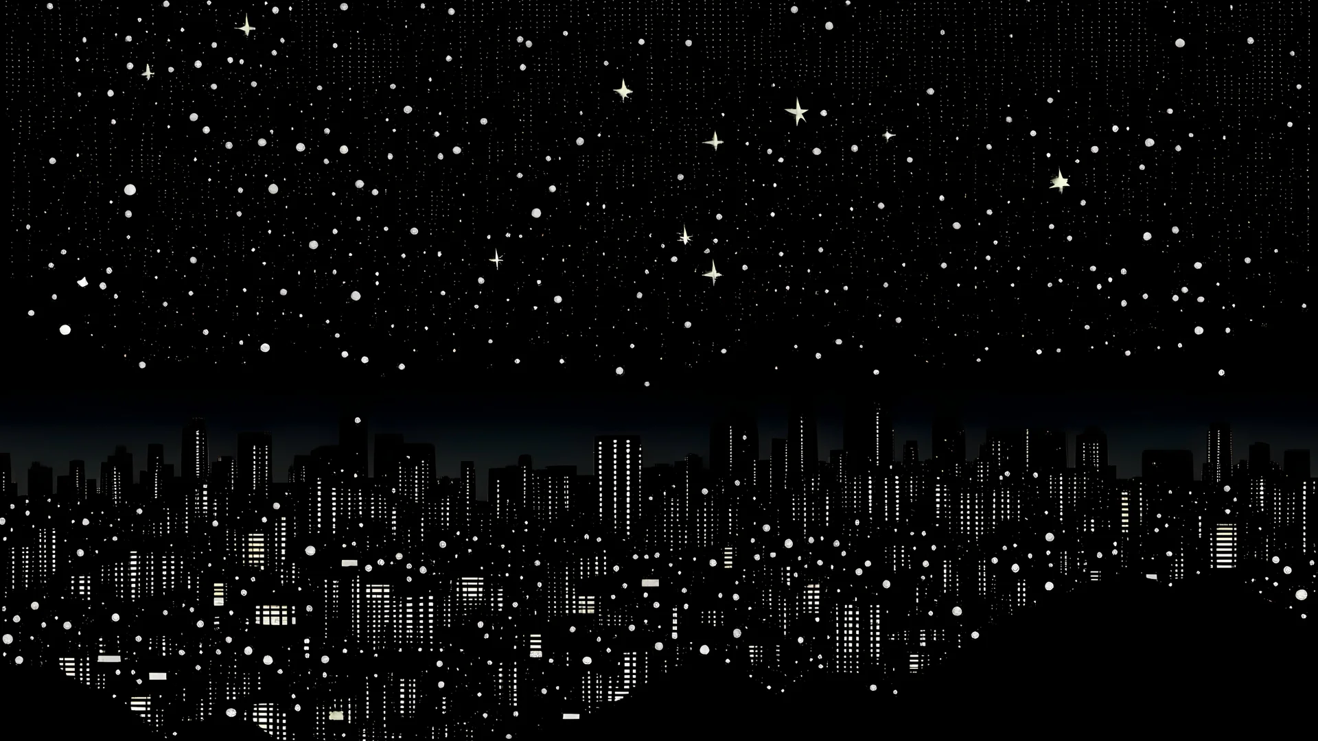 not so lively black cover background with dim stars and a city in the background