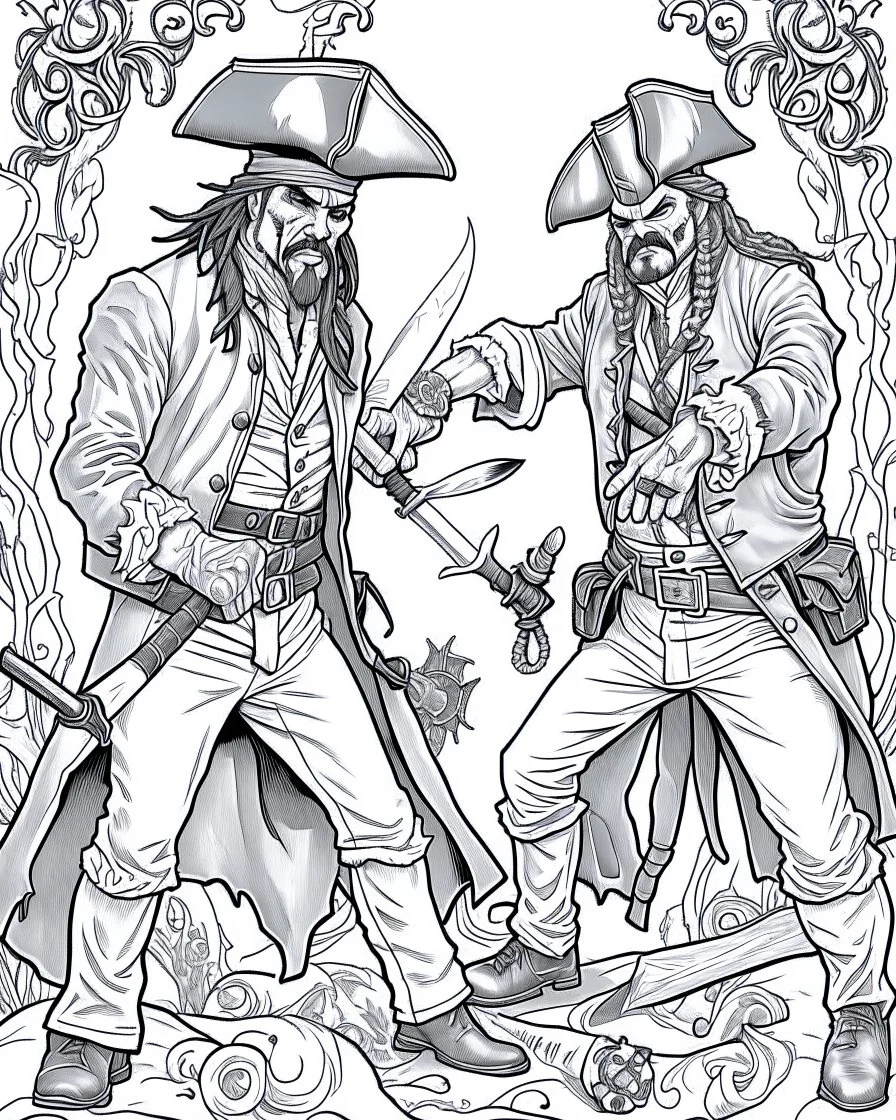 Pirates of the Caribbean: Dueling Pirates Coloring Challenge: Create an action-packed coloring page inspired by the Pirates of the Caribbean movie, featuring a dramatic scene with two pirates engaged in a thrilling sword duel. Capture the intensity of the battle with dynamic poses and expressions, providing ample space for young artists to color the characters and their surroundings in black and white. This coloring challenge invites kids to infuse their creativity into the high-stakes world of