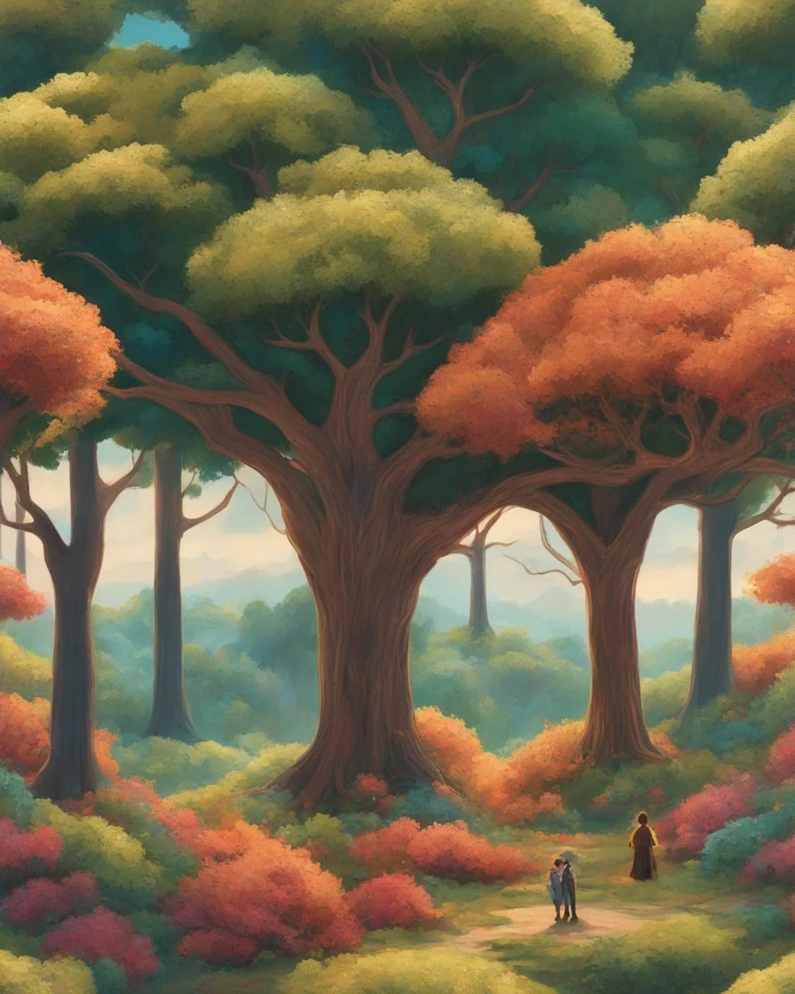 Love grows in me like a tree, portrayed in a Pixar 3D art form. Inspired by the whimsical style of Hayao Miyazaki, envision a lush, enchanted forest where heart-shaped leaves bloom on intertwining branches. The color palette is vibrant, with warm hues dominating the scene. Characters wear expressions of joy and serenity, illuminated by soft, dappled sunlight filtering through the foliage. The atmosphere exudes a magical and harmonious love