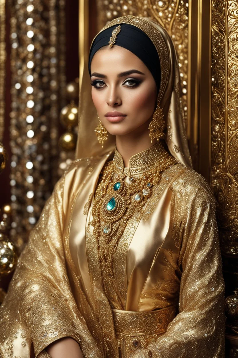 gorgeous photography HD ultra realistic natural skin beauty of young arabian woman hijab, dressing traditional gown beautiful, shiny hard eyes, make up, shiny baubles, ornate, large gemstones, shiny molten golden metalics, shiny ornaments flowers patterns, luxury dress,luxury jewelry diamonds background,brown hair, high definition, high res,establishing shot