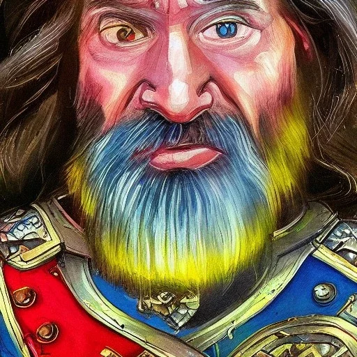 dnd, dwarf, priest, heavy armour, plate armour, portrait, only face, close up, grey beard, long hair, artistic, colourful, frowning, digital art, watercolour, large strokes, colourful background