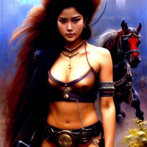 portrait beautiful face 'Female Rider on Akira Bike(1988)',busty,ancient leather armor balanciaga fashion clothe painting by gaston bussiere, greg rutkowski, yoji shinkawa, yoshitaka amano, tsutomu nihei, donato giancola, tim hildebrandt, oil on canvas, cinematic composition, extreme detail,fit full head inside picture,16k