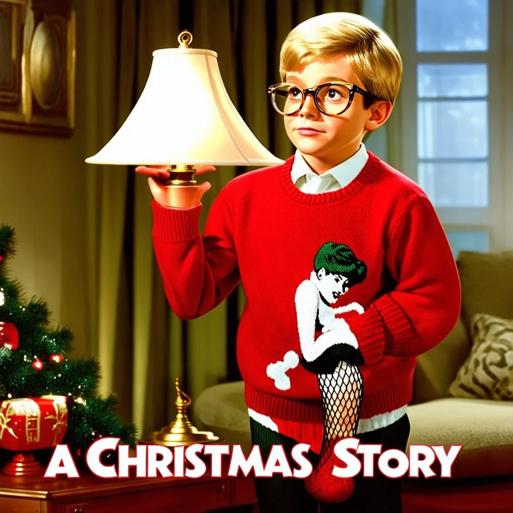 Movie poster for 'A Christmas Story', blonde boy Ralphie wearing an ugly red Christmas sweater and thick lens glasses, Ralphie is looking at a lamp with a lamp stem shaped like a woman's leg in a fishnet stocking, humorous, nostalgic, 1950's aesthetic, background is a living room