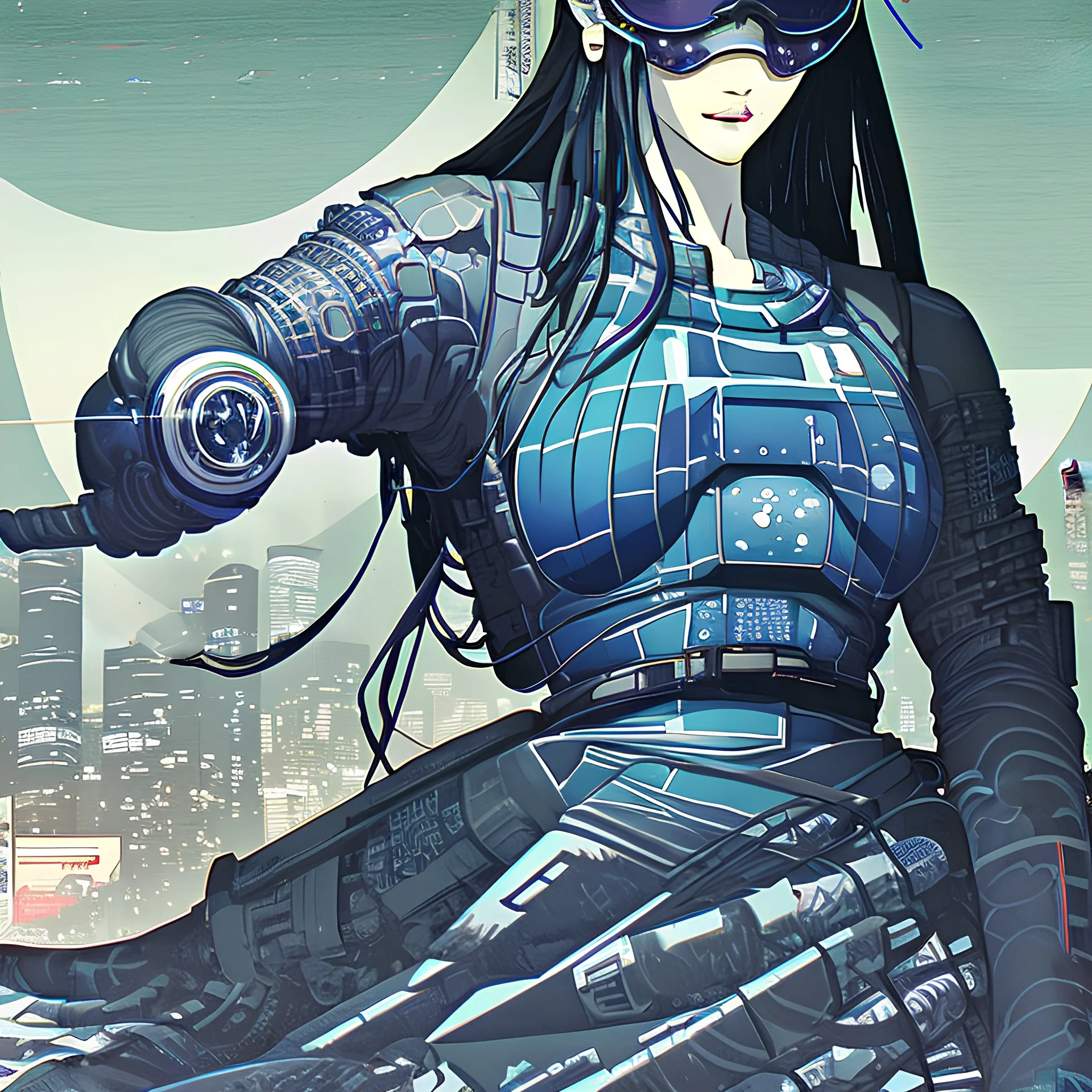 beautiful cyberpunk huge girl, hyperdetailed, illustration by Katsushika Hokusai, darkblue tones,