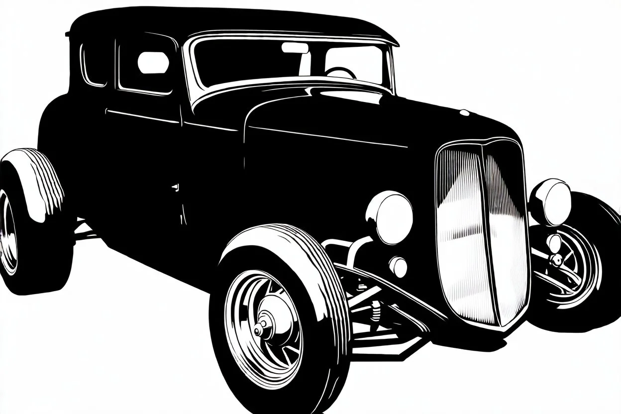 black 1932 ford hotrod, black line drawing on white, vector