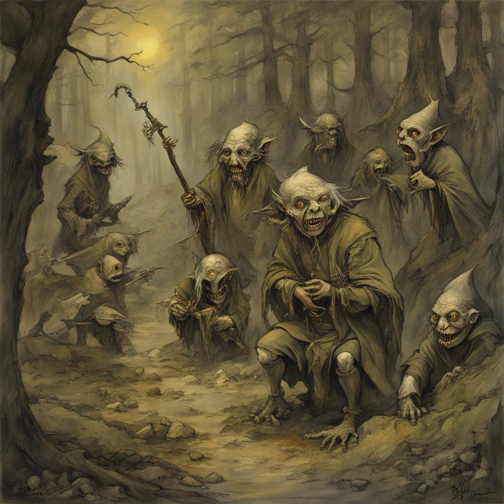 Goblins robbing a travelling medieval merchant in woods at stone bridge, kinetic dramatic horror art, sinister, by Jean Baptiste Monge, by Stephen Gammell, by Brian Froud, eerie dark colors, hyperdetailed, rough matte oil painting