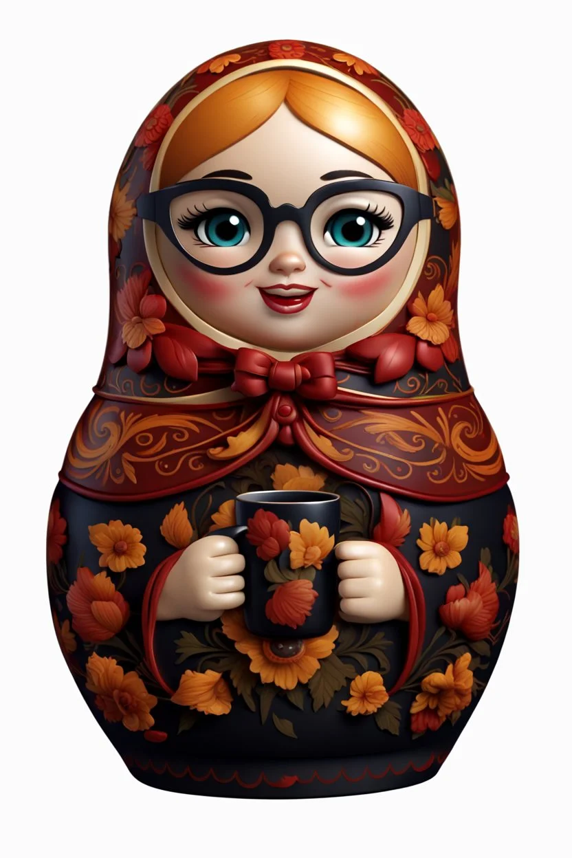 draw a Russian matryoshka doll in the style of Khokhloma, the matryoshka is smiling, the matryoshka has a coffee cup in her hands, a frontal angle, a picture on a white background, the matryoshka is drawn entirely, a highly detailed 3d picture