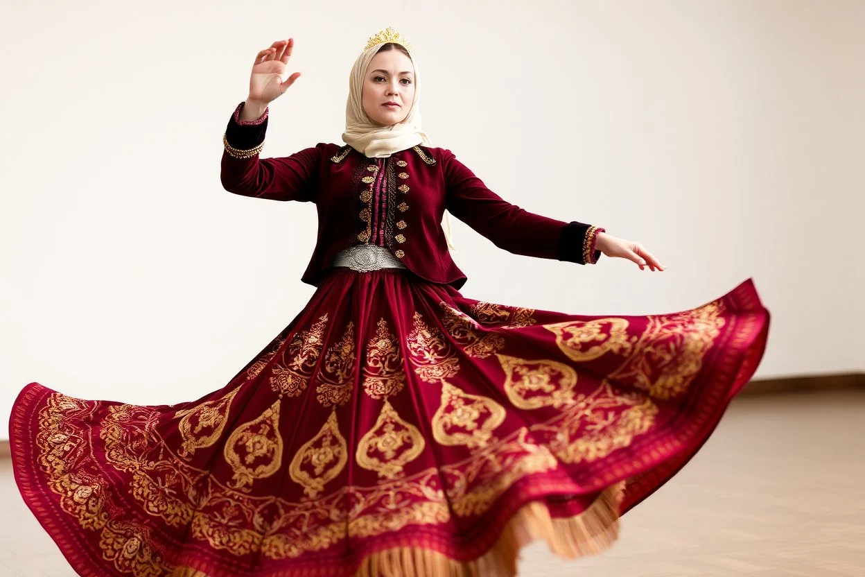 Medium shot of an Azeri woman dancing in a traditional “Arkhalig” velvet jacket and a long, flowing “Tuman” skirt embroidered with gold “Buta” patterns. She wears a “Gümüş Kemer” (silver belt) and a “Ruband” silk headscarf held by a gold “Tiara.” Her hands are performing “Şana” (comb-like) finger movements. She spins slowly, the heavy fabric of her dress billowing outward in a controlled, elegant circle.