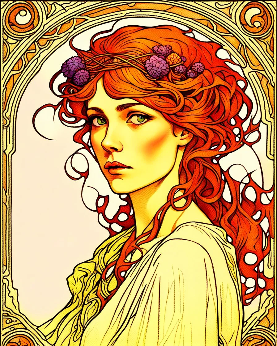 Tile hair, flaming lips, eyes seeking eternity, leader of the witch community, coppery tresses tumbled about her face, tremendous facial anatomy, meaningful beautiful brown eyes, wavy purplish hair, one third rule, trending on top of Art station, by Alphonse Mucha"