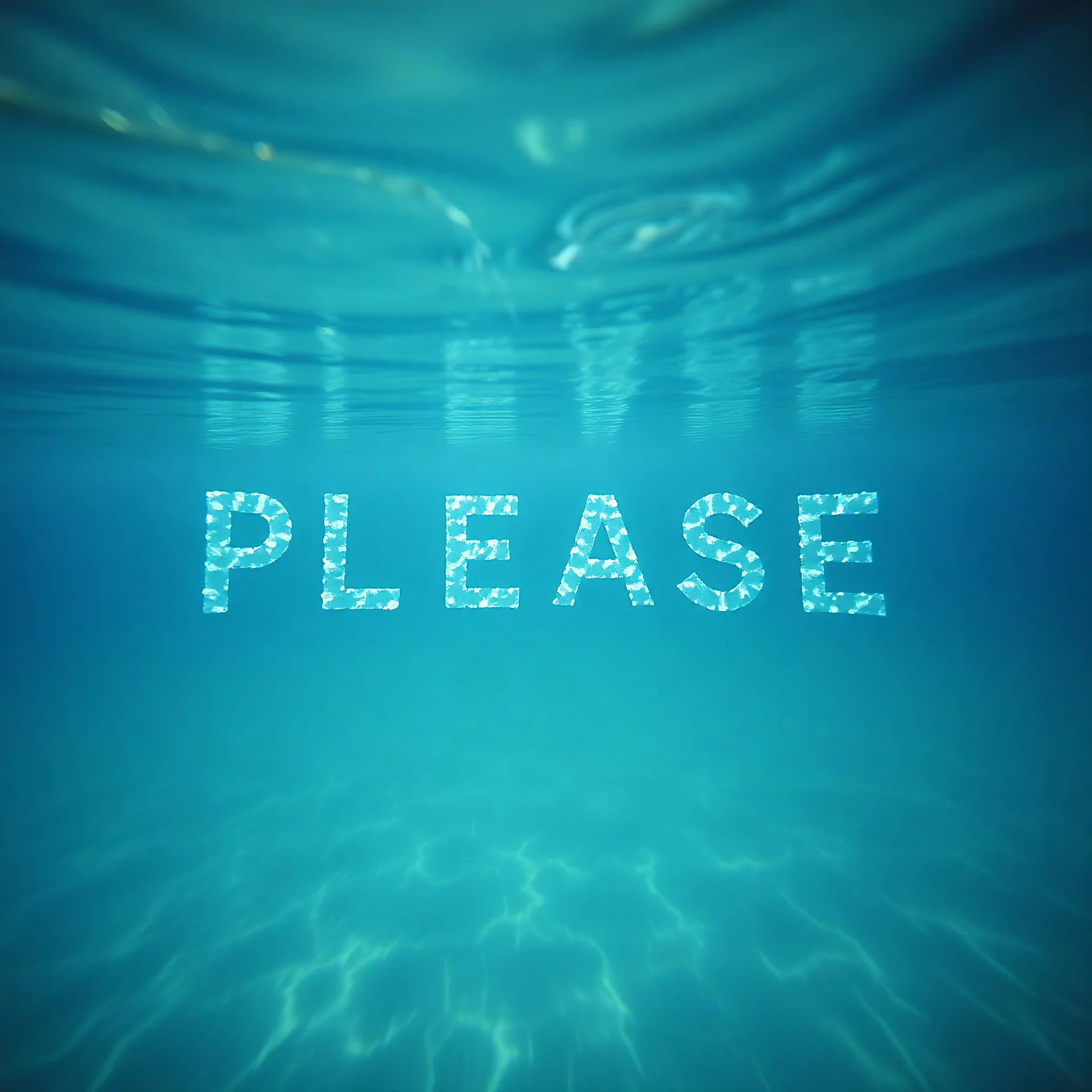 photograph, the word 'PLEASE' underwater, in the style of photographer Brett Stanley