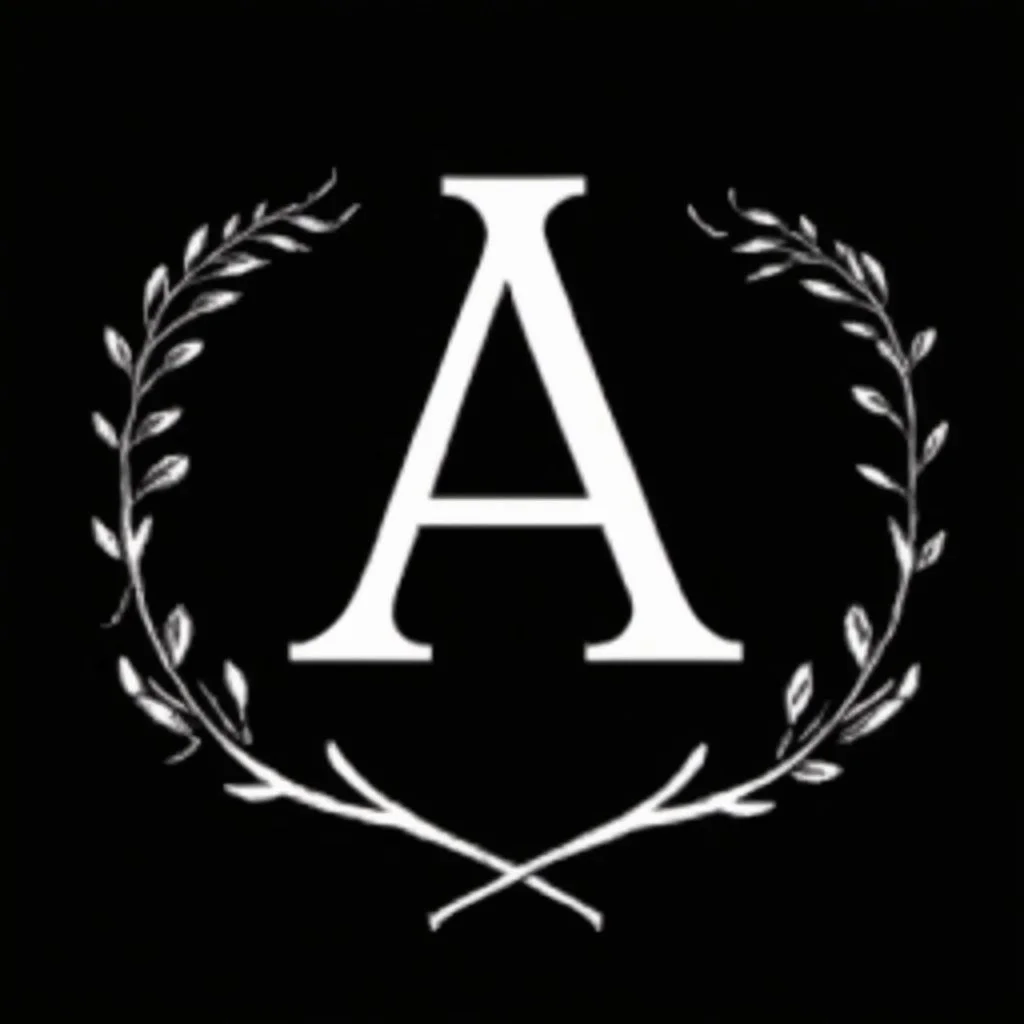 2 branches(crossed at bottom, arching wreaths), Letter A in Middle, delicate linework, sharp image, white vector on black background